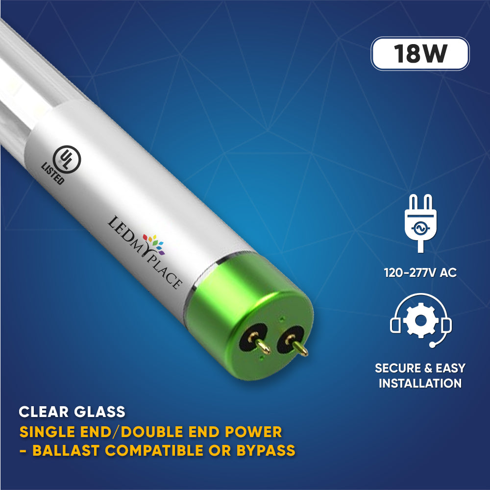 Hybrid T8 4ft LED Tube/Bulb - Glass 18W 2400 Lumens 5000K Clear, Single End/Double End Power - Ballast Compatible or Bypass (Check Compatibility List)