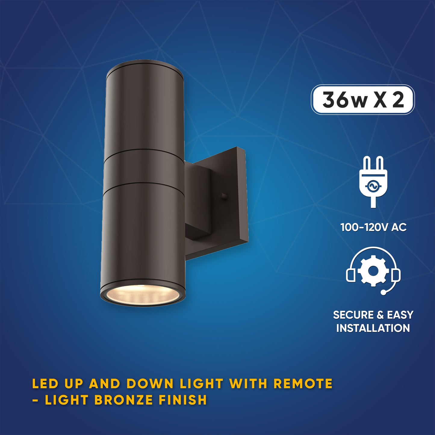 LED Outdoor Up & Down Lights With Remote, RGBW, Cylinder, 36WX2, AC100-277V, IP65, ETL CE RoSH Approval, Outdoor Wall Lights