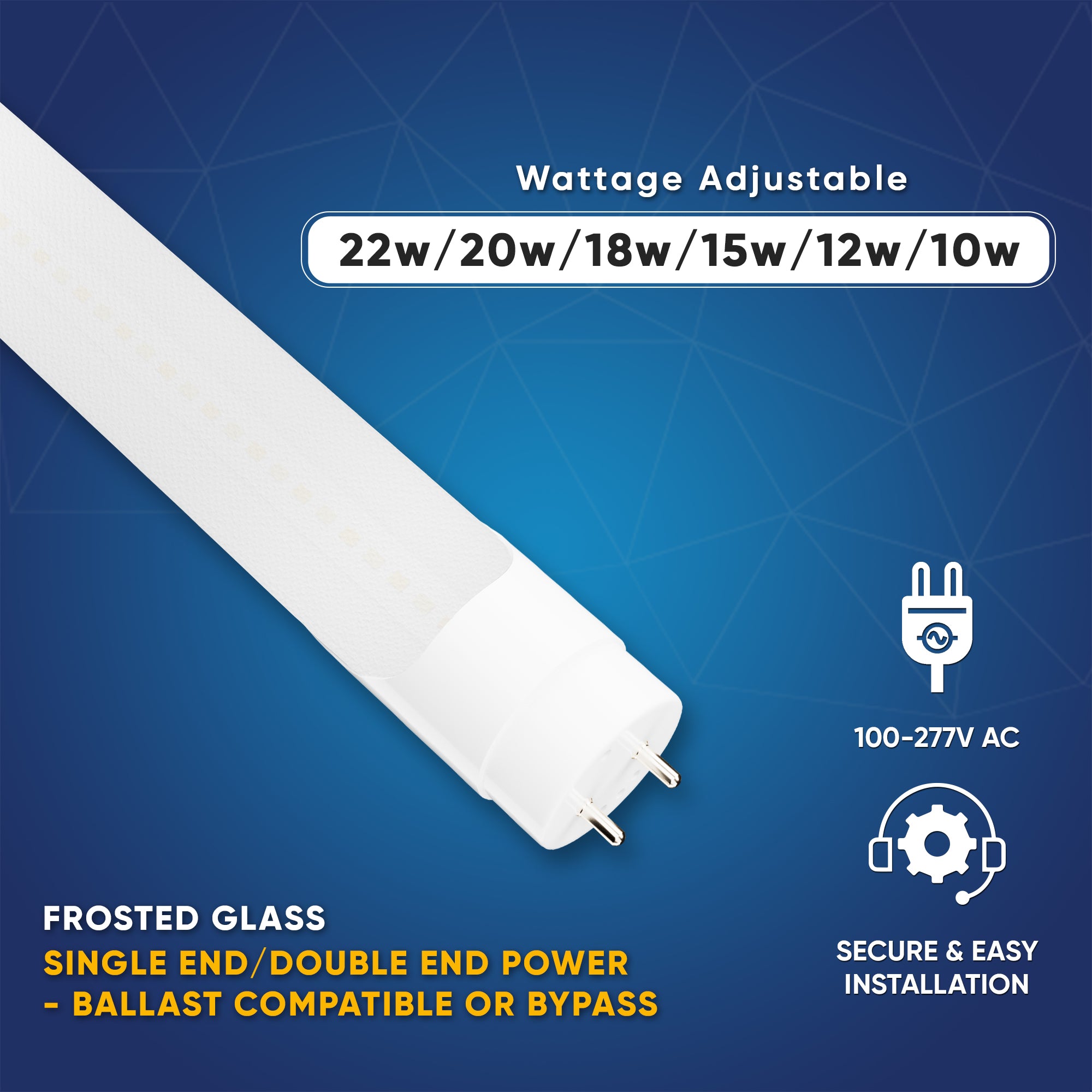 Hybrid T8 4ft LED Tube/Bulb - 22w/20w/18w/15w/ 12w/10w Wattage Adjustable, 130lm/w, 3000k/3500k/4000k/5000k/ 6000k/6500k CCT Changeable, Frosted, Base G13, Single End/Double End Power - Ballast Compatible or Bypass