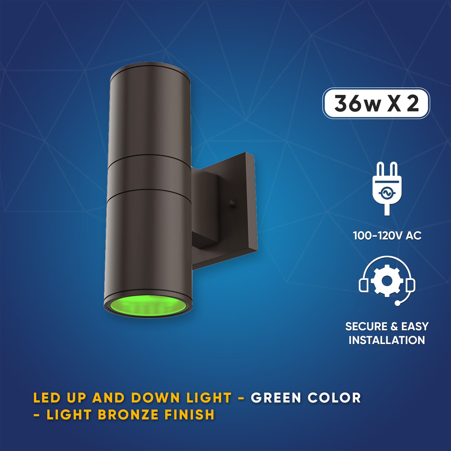 LED Up & Down Lights Outdoor Wall Light, Cylinder Outdoor Sconces, 2x36W, AC100- 277V, Double Side Light (Avail Color - Red, Green, Blue)