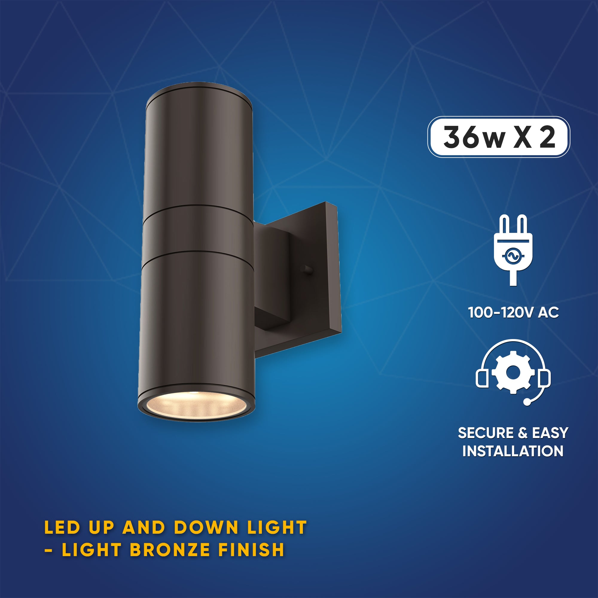 Outdoor LED Up and Down Wall Sconce, Cylinder Outside Lights, 2x36W, AC100- 277V, Double Side (White Light), Exterior Wall Lights