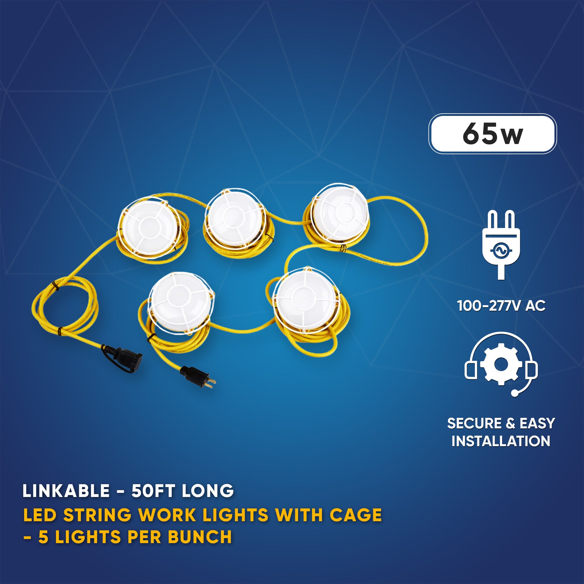 LED String Work Lights With Cage, 65W 5000K, 50ft, 8000LM , IP65, 5 Lights Per Bunch,  Linkable, for Construction Sites, Renovation, Mine Cave, Hanging String Lights