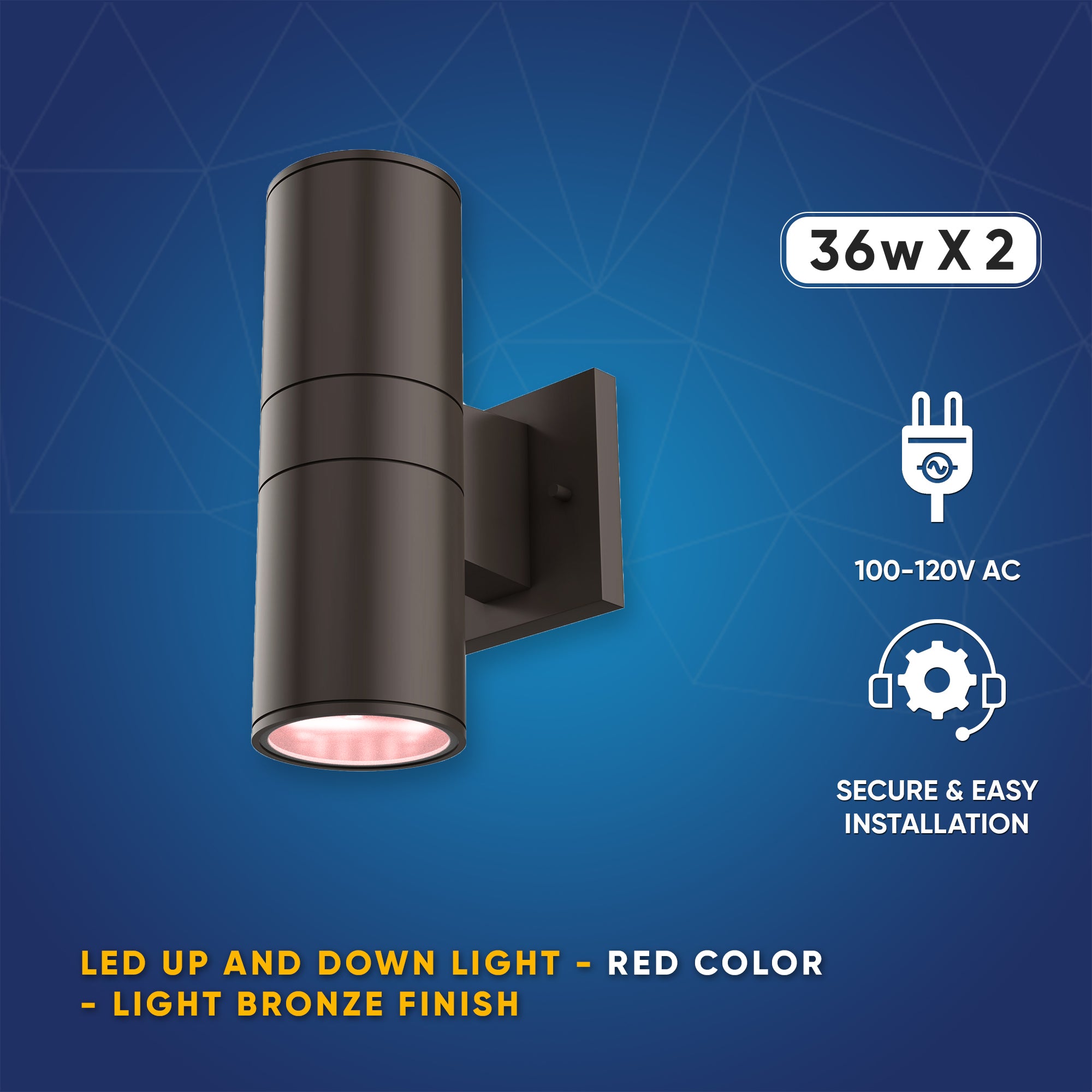 LED Up & Down Lights Outdoor Wall Light, Cylinder Outdoor Sconces, 2x36W, AC100- 277V, Double Side Light (Avail Color - Red, Green, Blue)