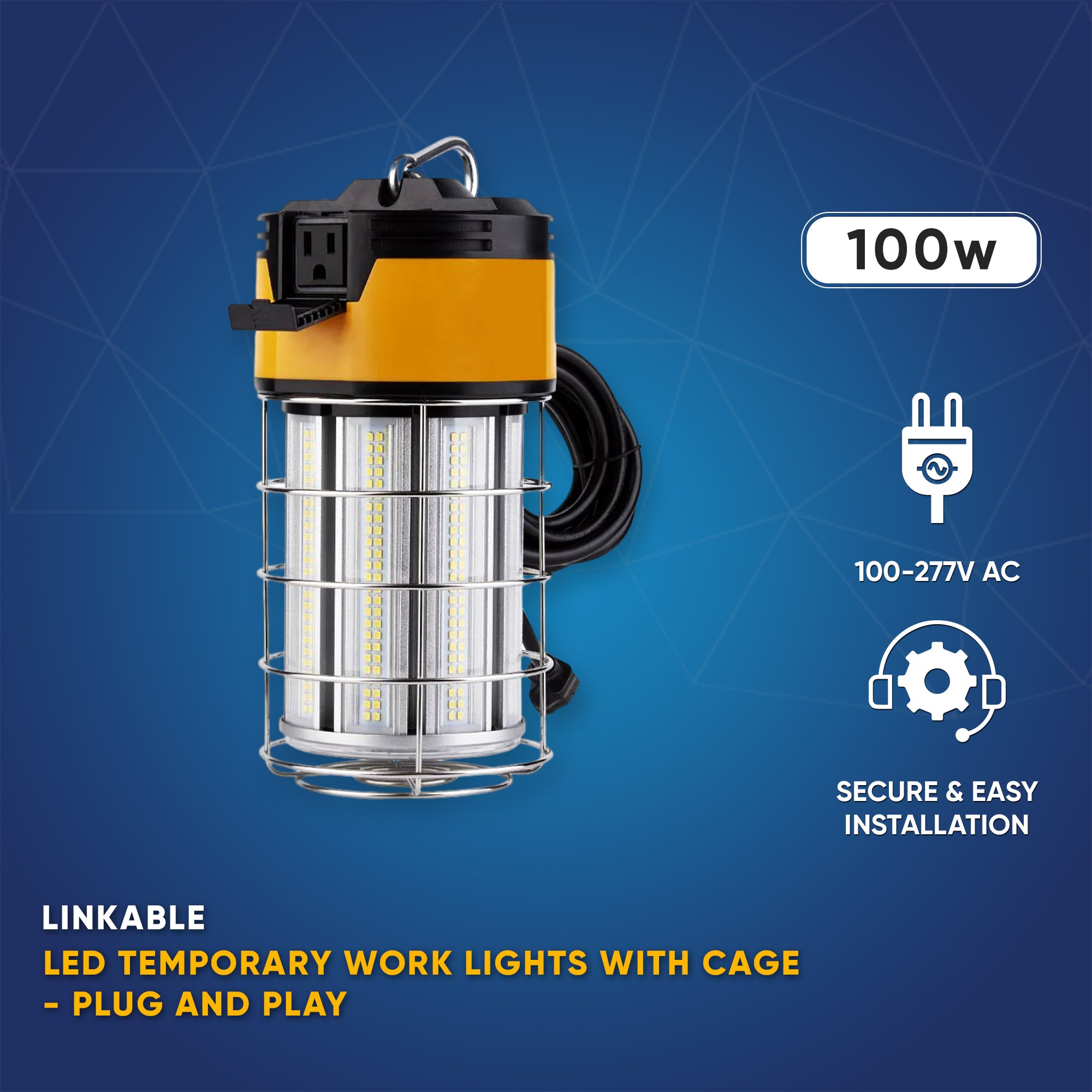 LED Temporary Work Lights with Cage, 100W 5000K, Plug and Play, Linkable, 12000LM, IP64, Portable Hanging Lighting for Construction Jobsite