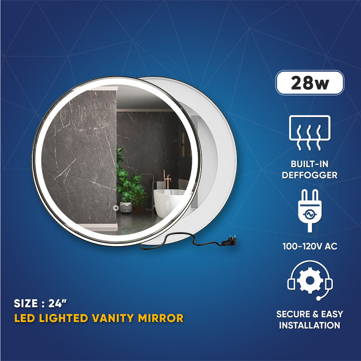 24 Inch Round LED Lighted Bathroom Vanity Mirror with Shelf, Touch Swi