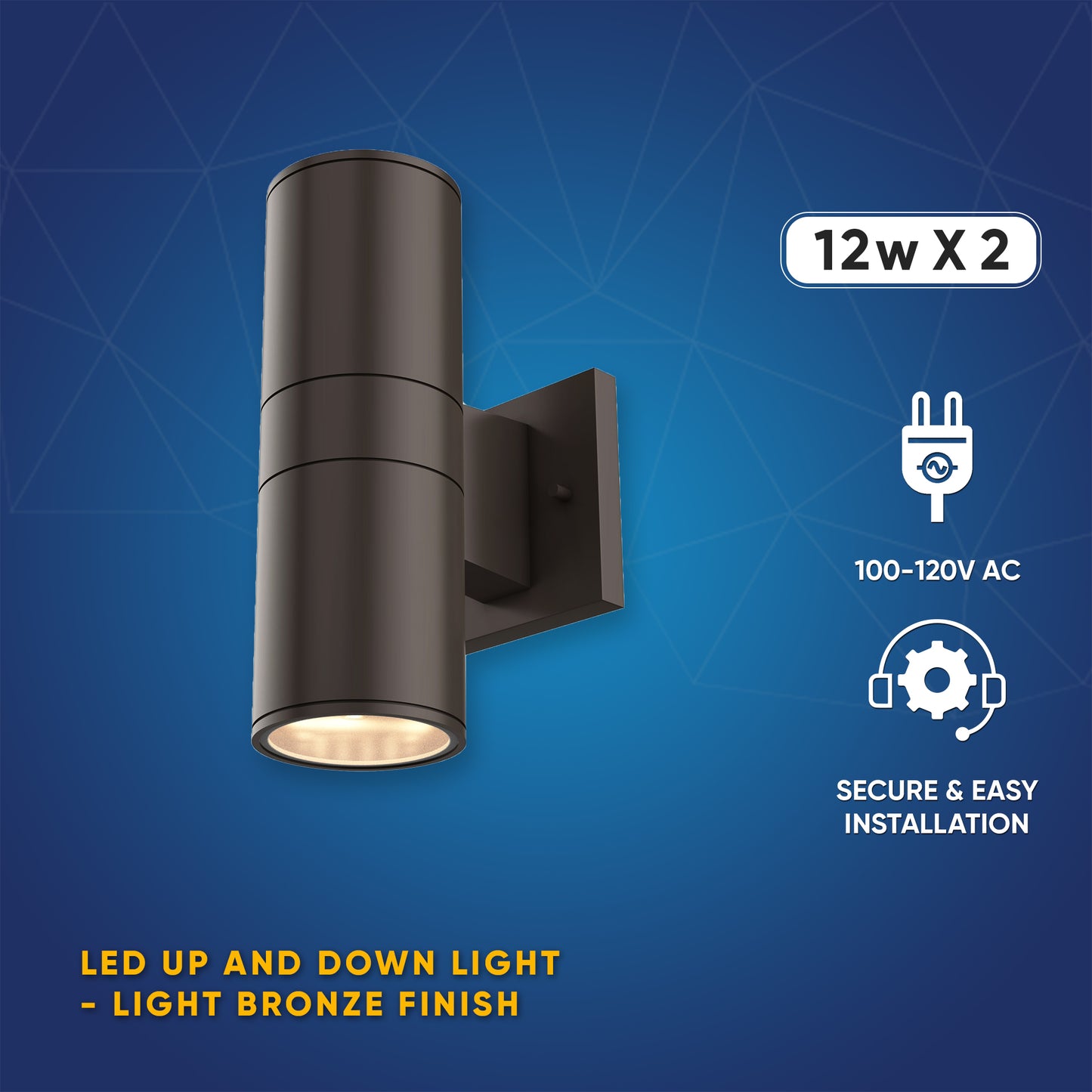 LED Up & Down Lights Outdoor, Cylinder, 12WX2, AC100- 277V, 80-90 Lm/W, IP65, Light Bronze Finish, Double Side