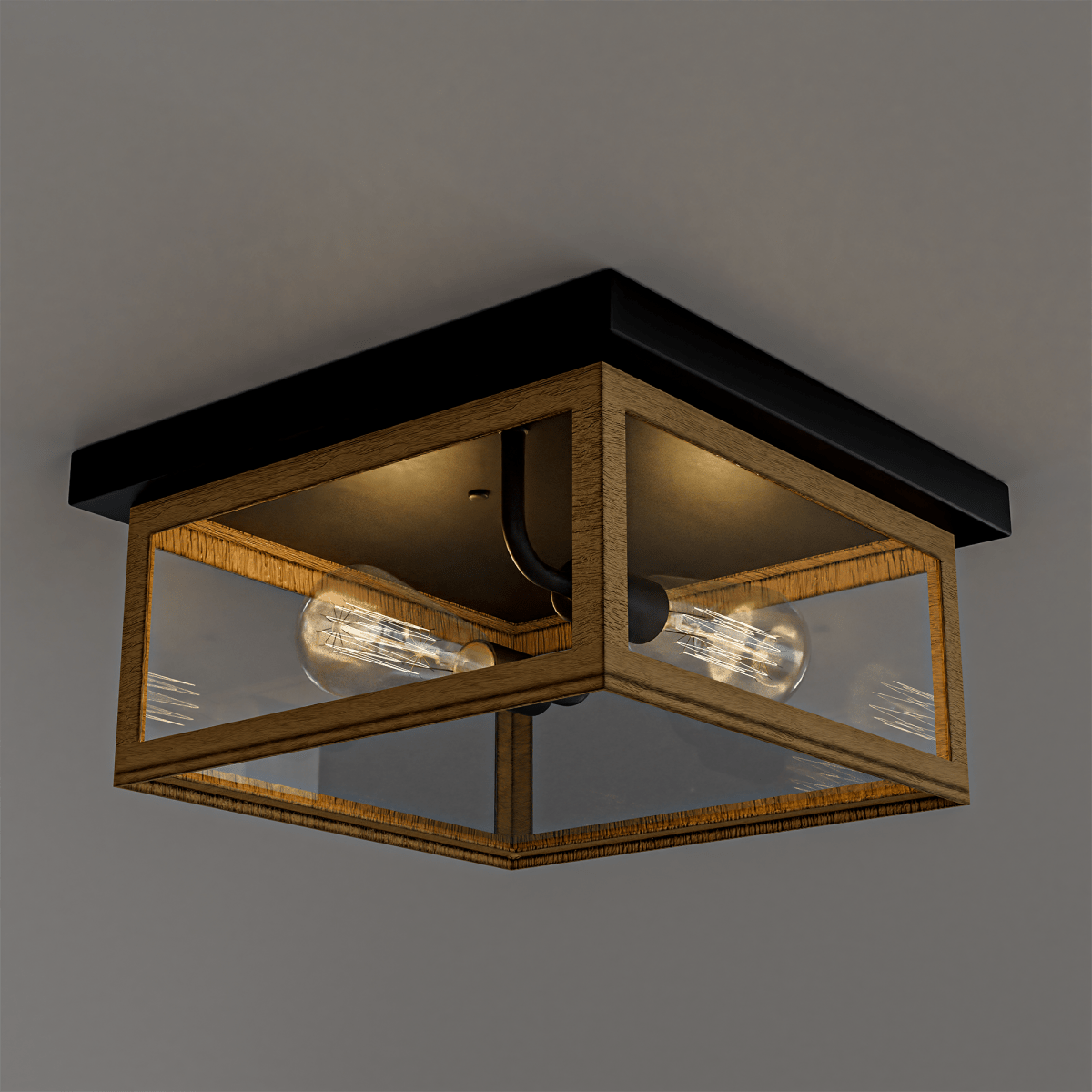 2 - Light Wood Frame Flush Mount Ceiling Light with Black Sockets - LEDMyPlace