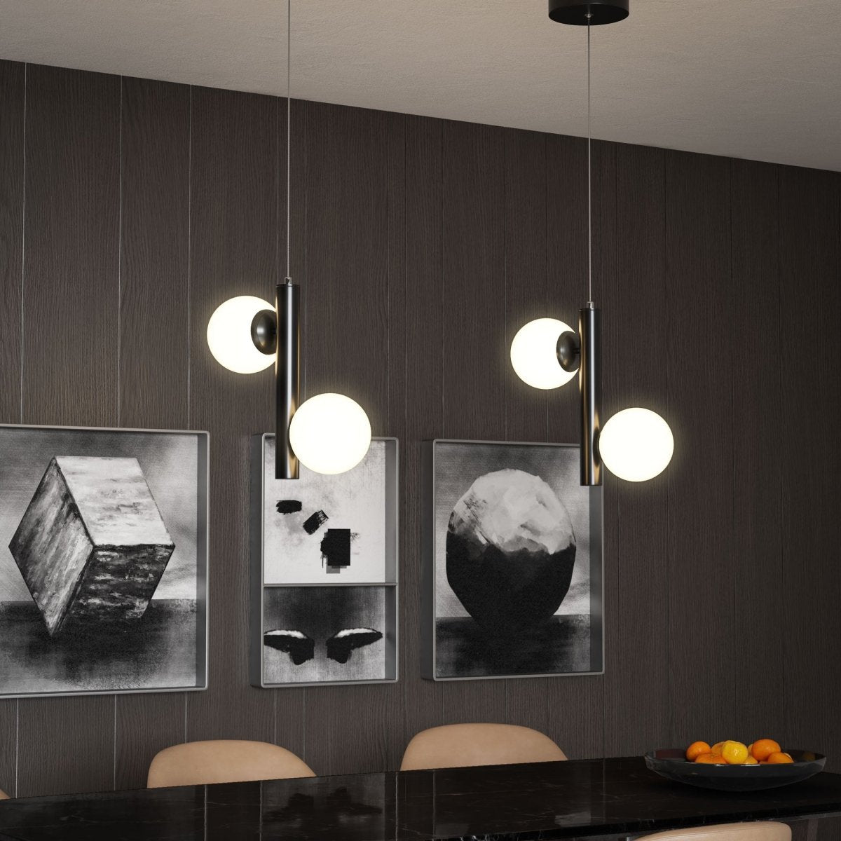 2 - Lights, Globe Pendant Chandelier, 17W, 3000K, Matte Black Body Finish, Dimmable - LEDMyPlace