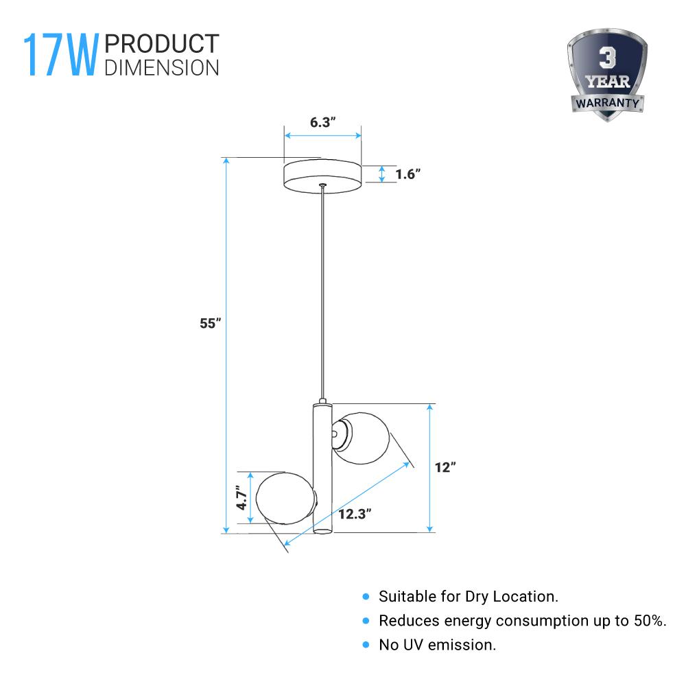 2 - Lights, Globe Pendant Chandelier, 17W, 3000K, Matte Black Body Finish, Dimmable - LEDMyPlace