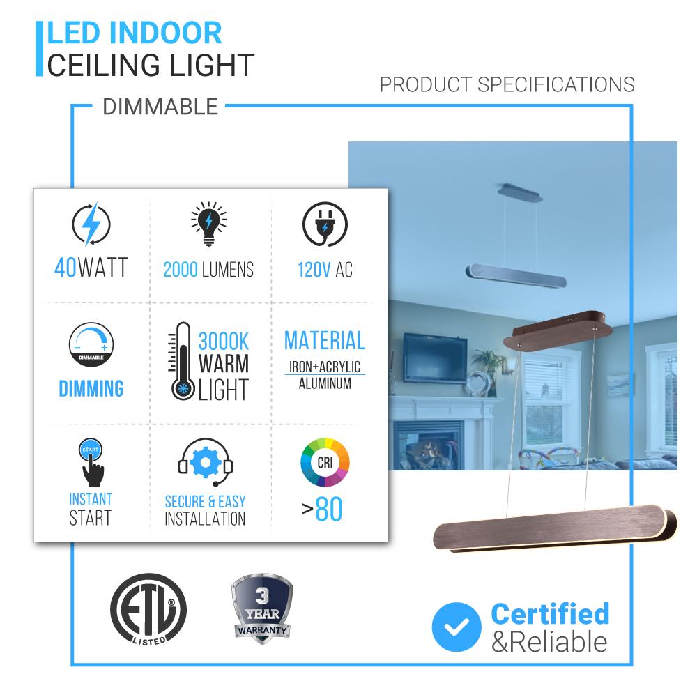 2 - Lights, LED Linear Suspension Light, Pendant Mounting, 40W, 3000K, 2000LM, Brushed brown Body Finish, Dimmable - LEDMyPlace