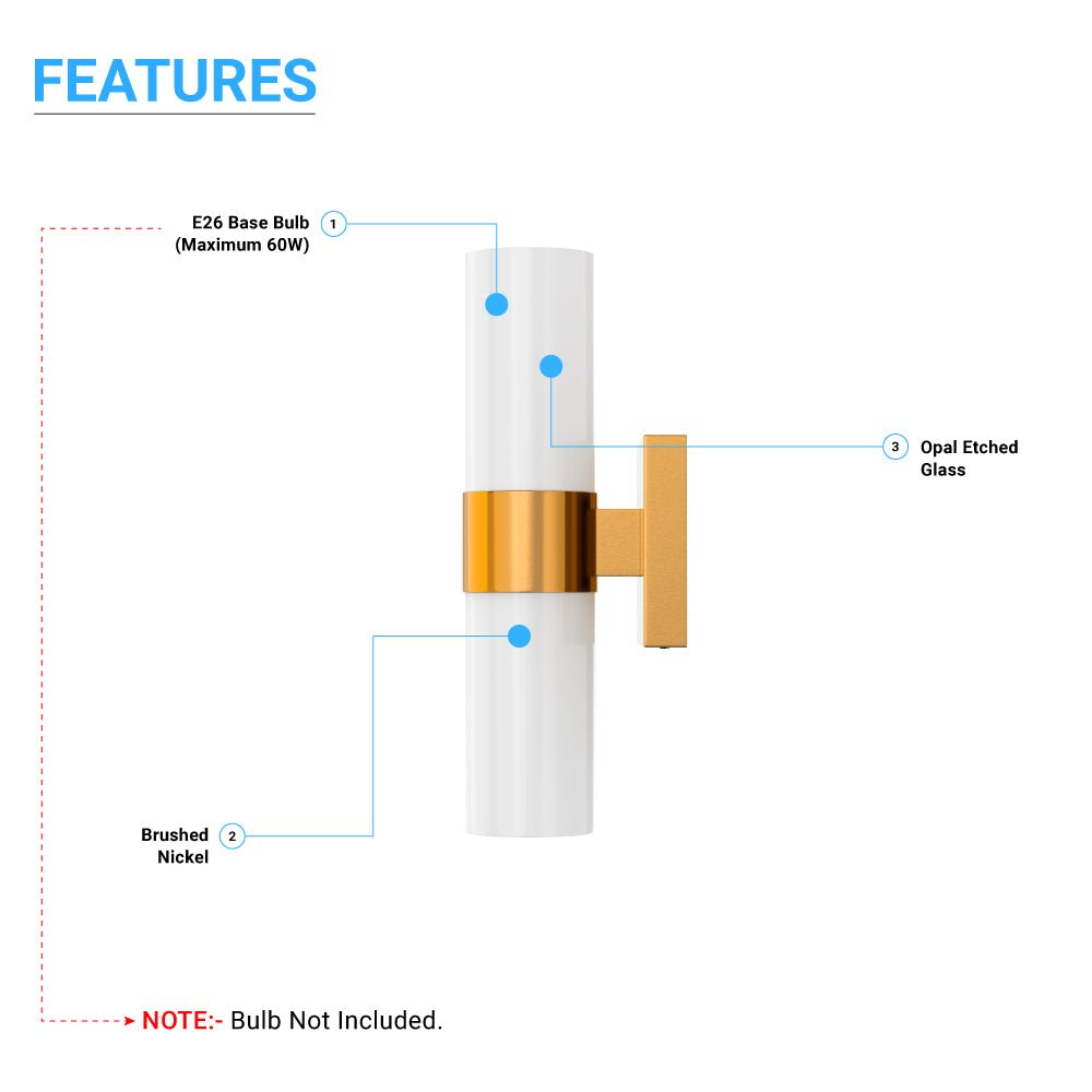 2 - Lights, Wall Sconce with White Glass Shade, Brushed Brass Finish, Dim: L13.5"xW4.45"xE5", Hallway Light Fixtures - LEDMyPlace