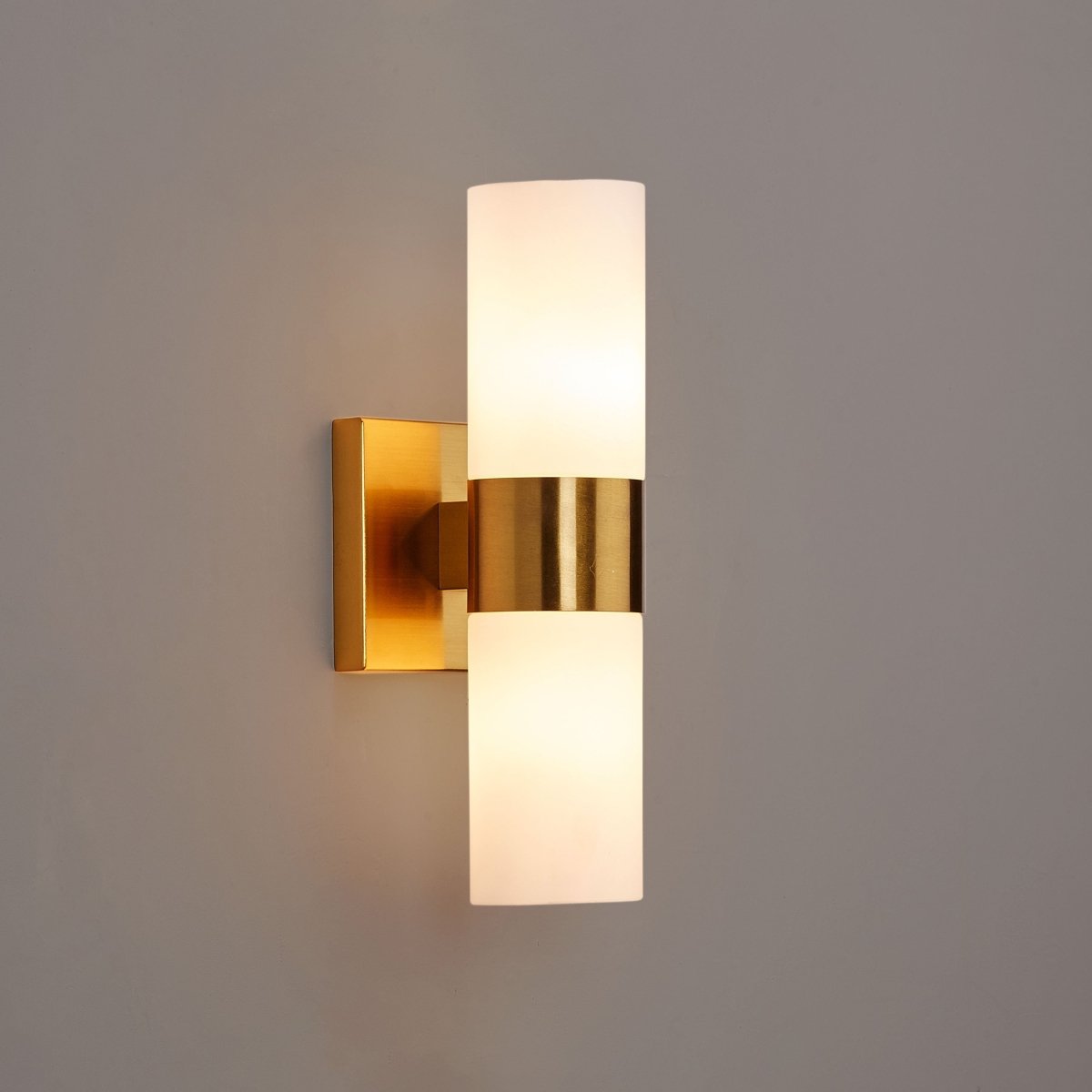 2 - Lights, Wall Sconce with White Glass Shade, Brushed Brass Finish, Dim: L13.5"xW4.45"xE5", Hallway Light Fixtures - LEDMyPlace