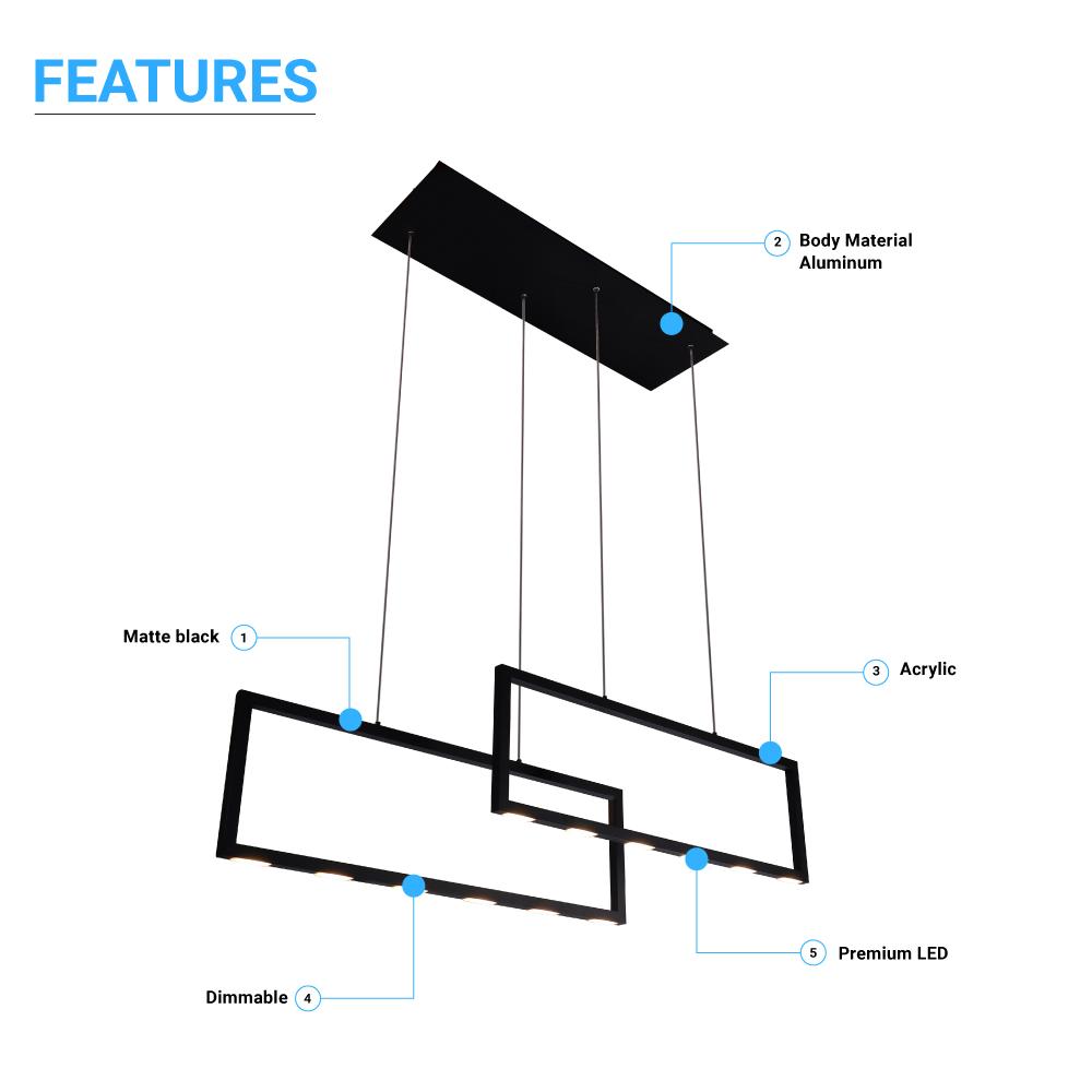 2 - Rectangle Lights, 38W, 3000K, 1900LM, LED Kitchen Island Light Pendant For Dining Living Room, Dimmable, Matte black Body Finish - LEDMyPlace