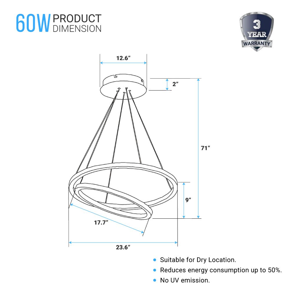 2 - Ring, Circular LED Chandelier, 60W, 3000K, 2800LM, Dimmable, 5 Years Warranty - LEDMyPlace