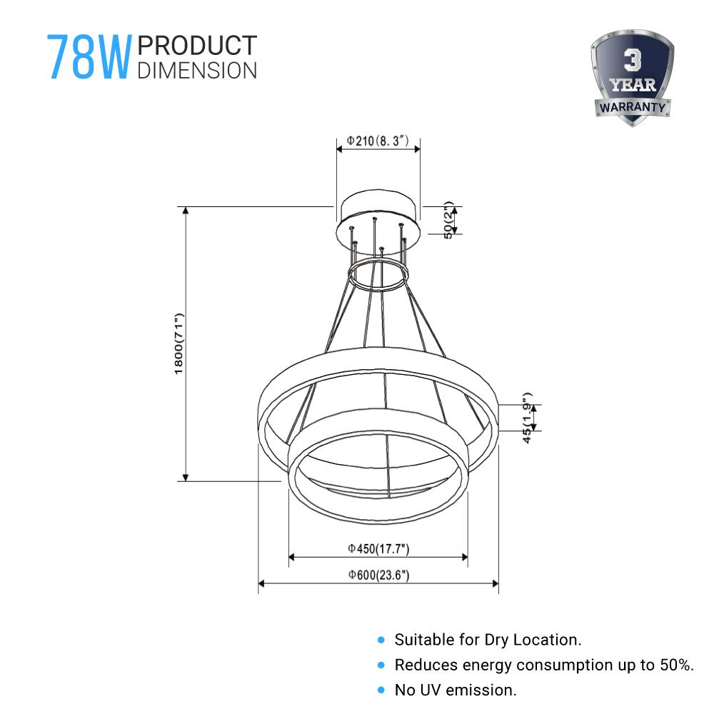 2 - Ring, Modern LED Chandelier, 78W, 120V, 3000K, 3985LM, Dimmable - LEDMyPlace