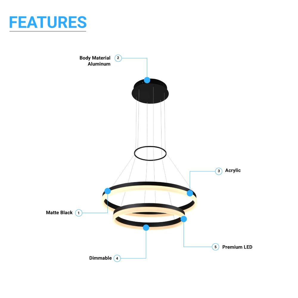 2 - Ring, Modern LED Chandelier, 78W, 120V, 3000K, 3985LM, Dimmable - LEDMyPlace