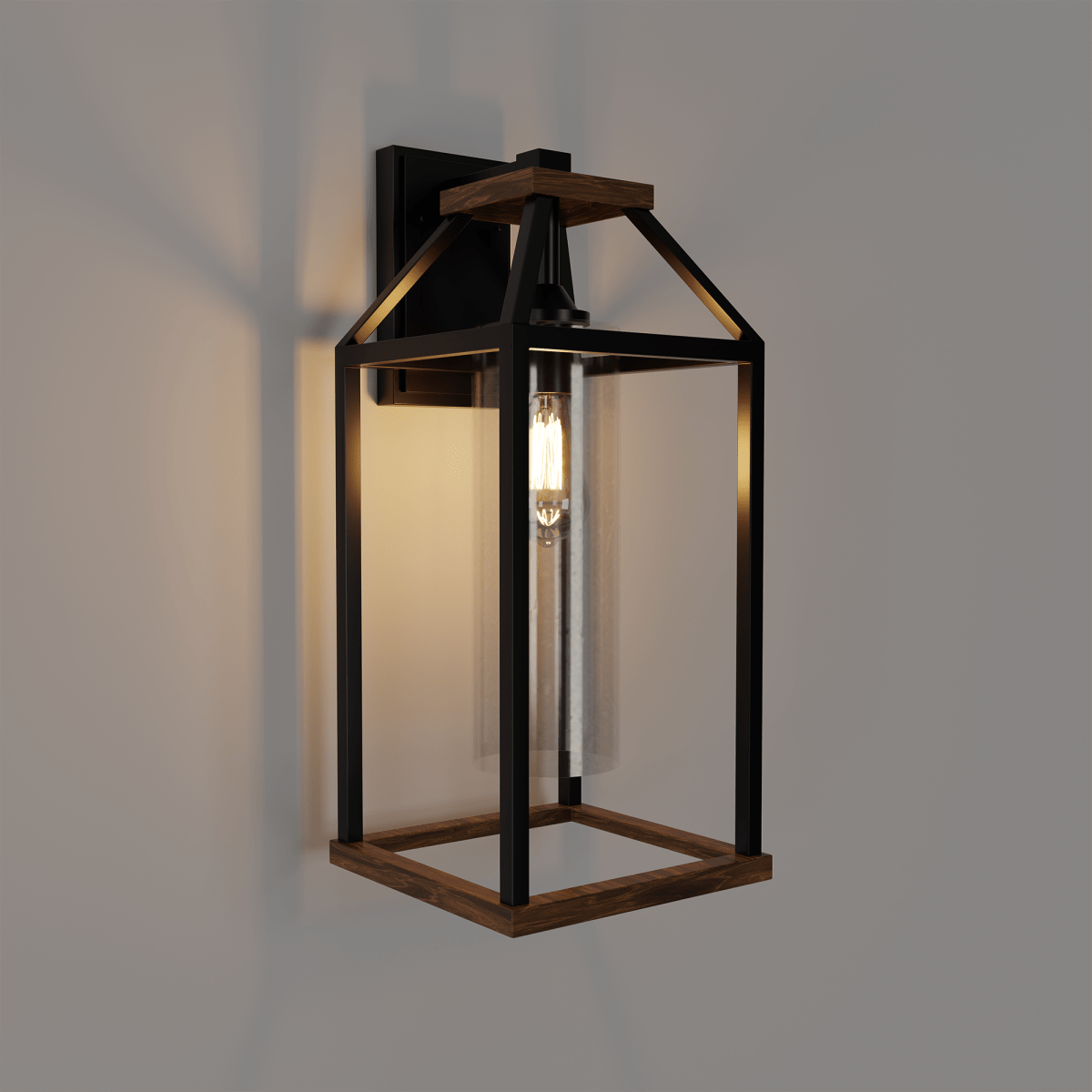 20 - in Black and Wood Outdoor Farmhouse Wall Lantern, 1 - Light Wall Lamp Sconce, Clear Seeded Glass - LEDMyPlace