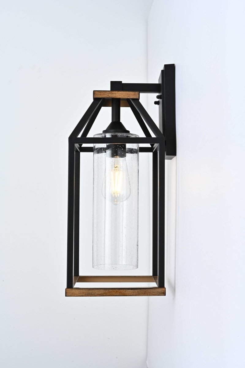 20 - in Black and Wood Outdoor Farmhouse Wall Lantern, 1 - Light Wall Lamp Sconce, Clear Seeded Glass - LEDMyPlace