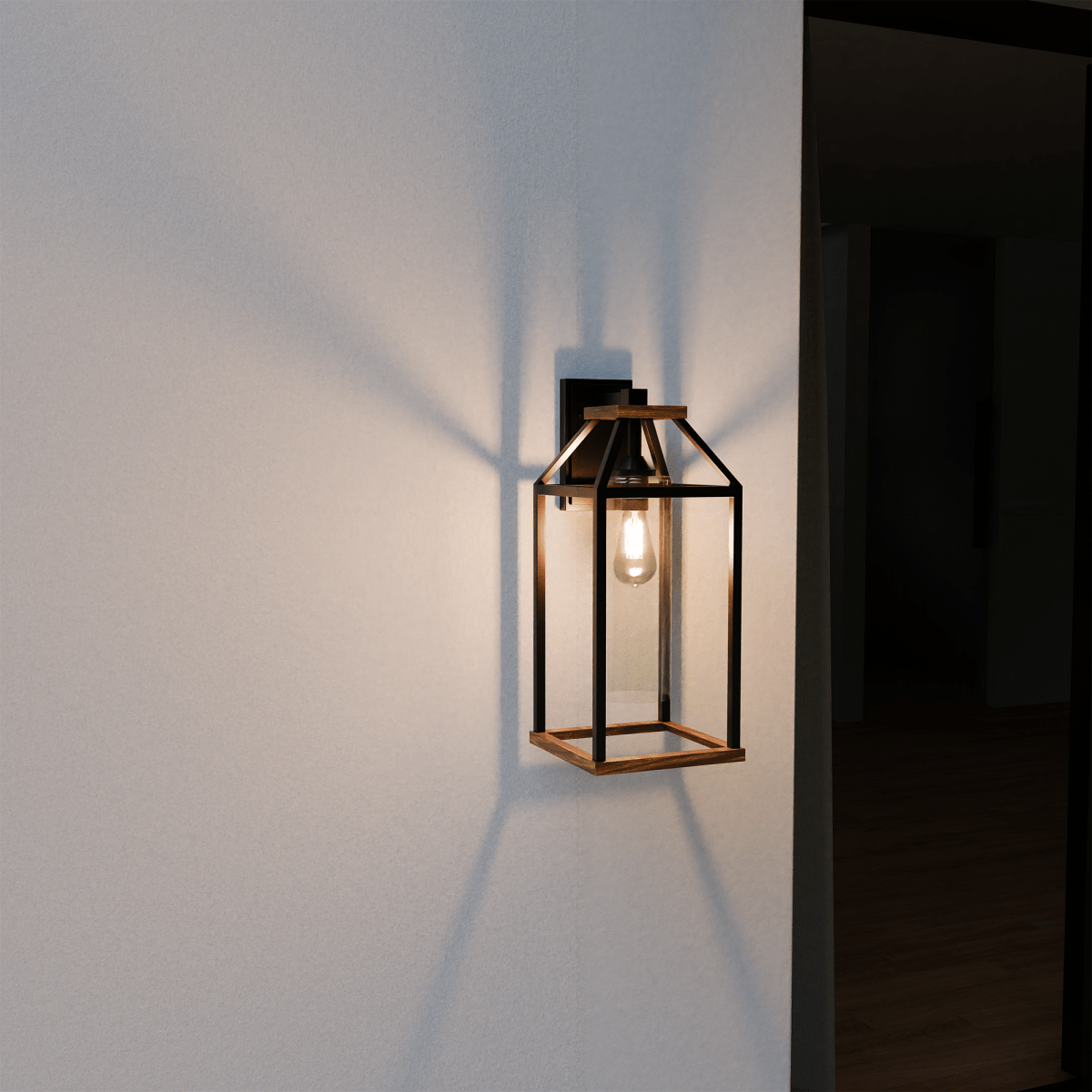 20 - in Black and Wood Outdoor Farmhouse Wall Lantern, 1 - Light Wall Lamp Sconce, Clear Seeded Glass - LEDMyPlace