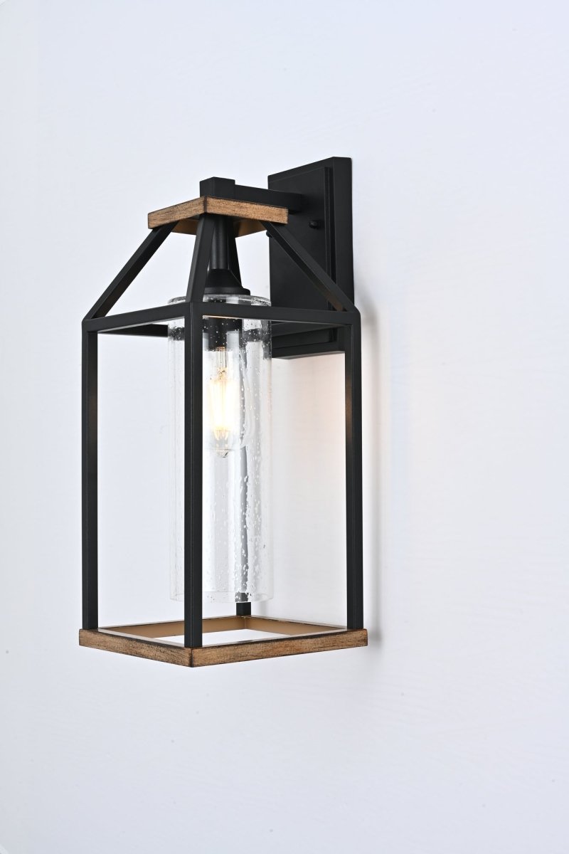 20 - in Black and Wood Outdoor Farmhouse Wall Lantern, 1 - Light Wall Lamp Sconce, Clear Seeded Glass - LEDMyPlace