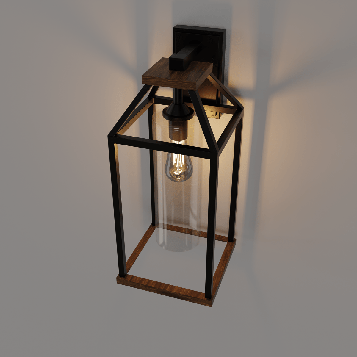 20 - in Black and Wood Outdoor Farmhouse Wall Lantern, 1 - Light Wall Lamp Sconce, Clear Seeded Glass - LEDMyPlace