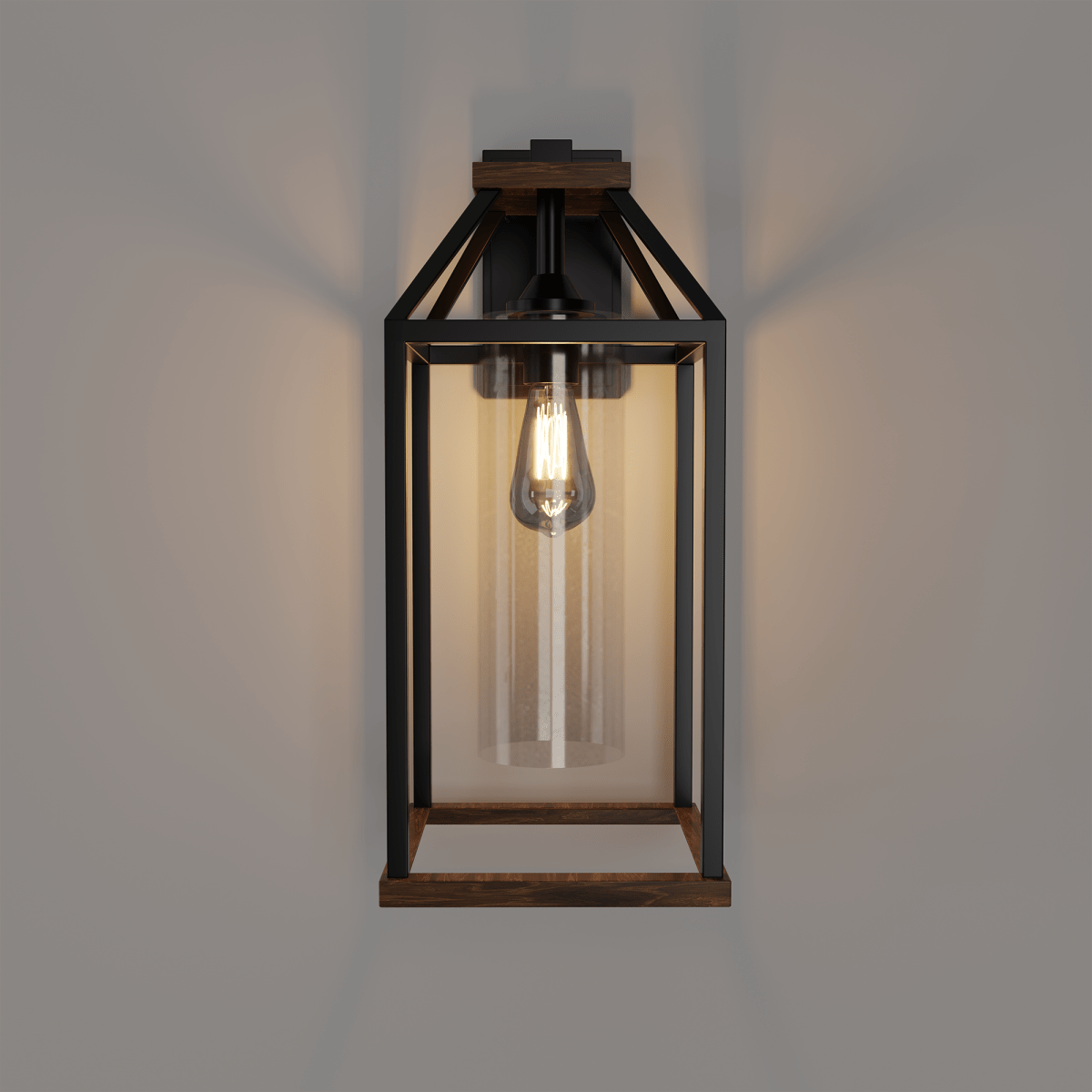 20 - in Black and Wood Outdoor Farmhouse Wall Lantern, 1 - Light Wall Lamp Sconce, Clear Seeded Glass - LEDMyPlace