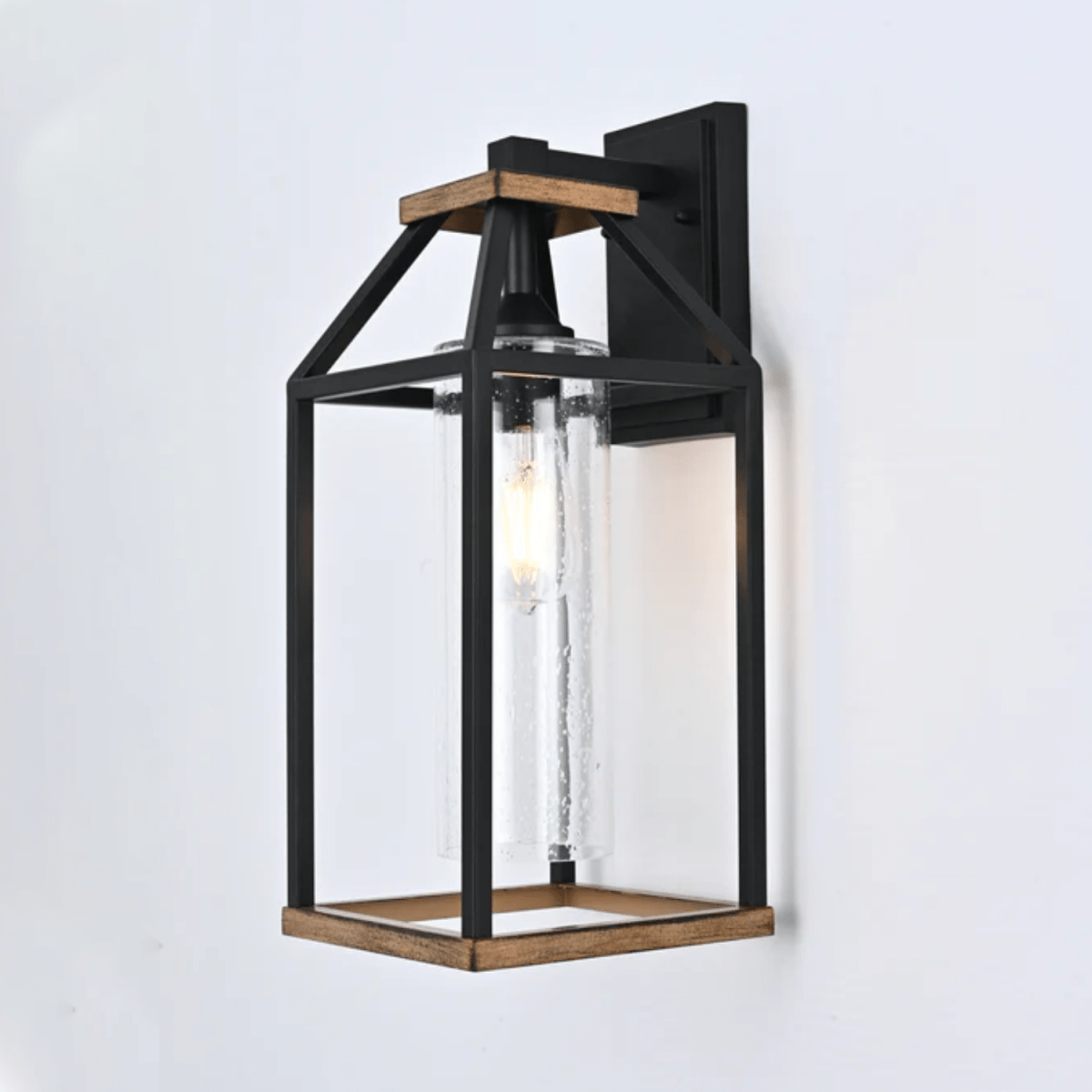 20 - in Black and Wood Outdoor Farmhouse Wall Lantern, 1 - Light Wall Lamp Sconce, Clear Seeded Glass - LEDMyPlace