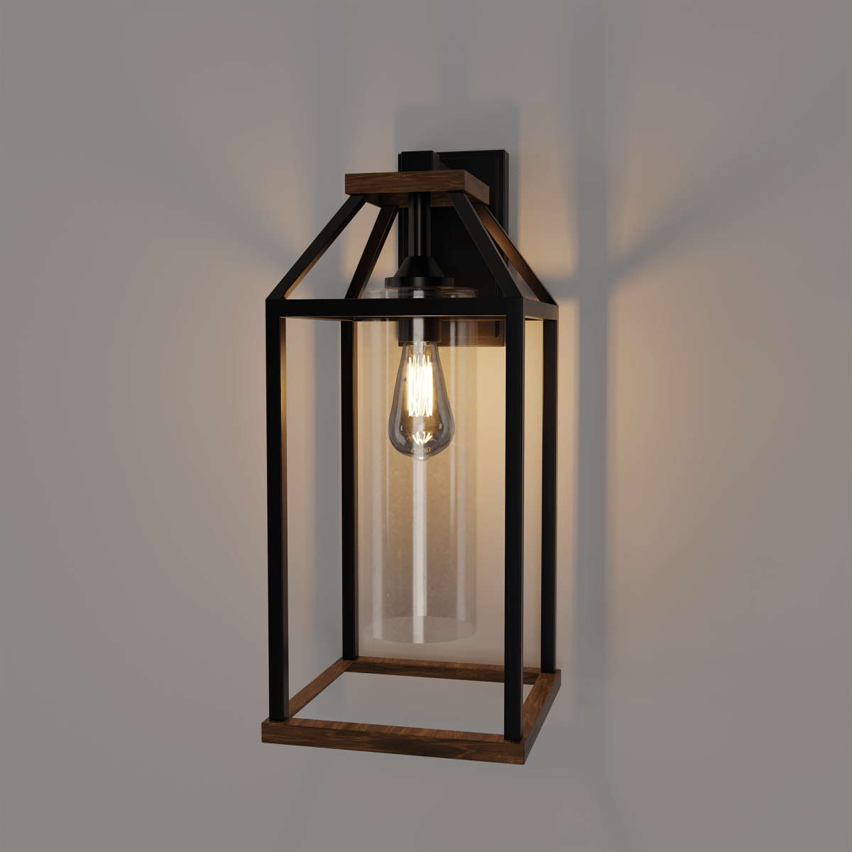 20 - in Black and Wood Outdoor Farmhouse Wall Lantern, 1 - Light Wall Lamp Sconce, Clear Seeded Glass - LEDMyPlace