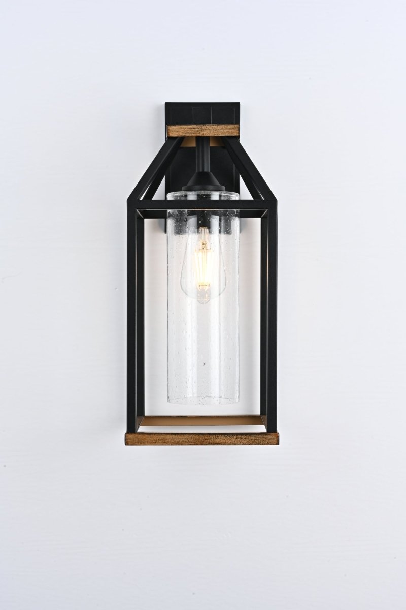 20 - in Black and Wood Outdoor Farmhouse Wall Lantern, 1 - Light Wall Lamp Sconce, Clear Seeded Glass - LEDMyPlace