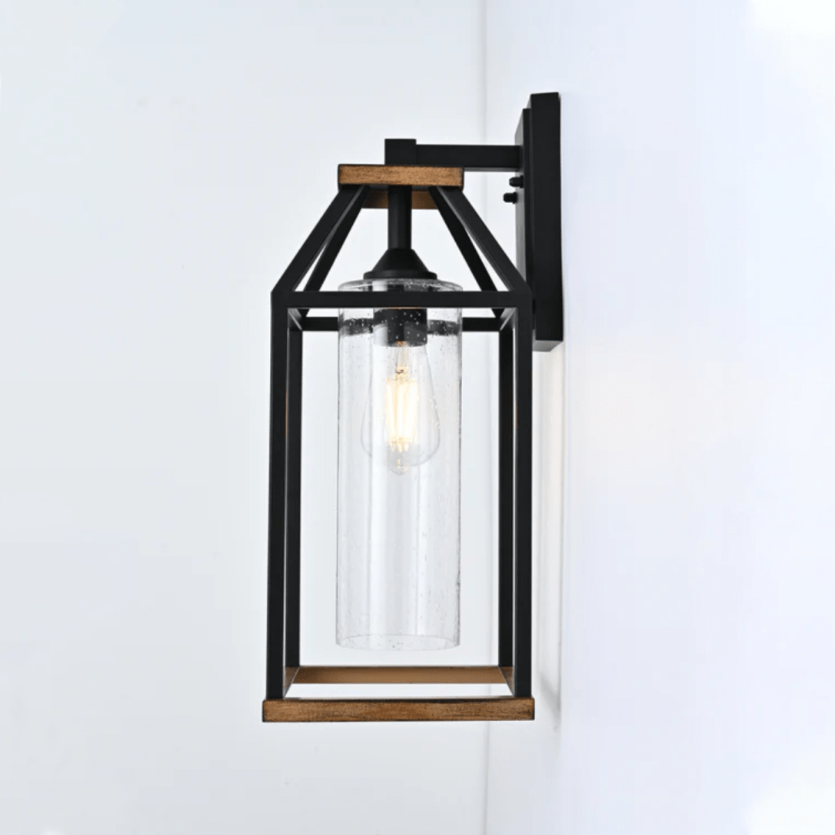 20 - in Black and Wood Outdoor Farmhouse Wall Lantern, 1 - Light Wall Lamp Sconce, Clear Seeded Glass - LEDMyPlace