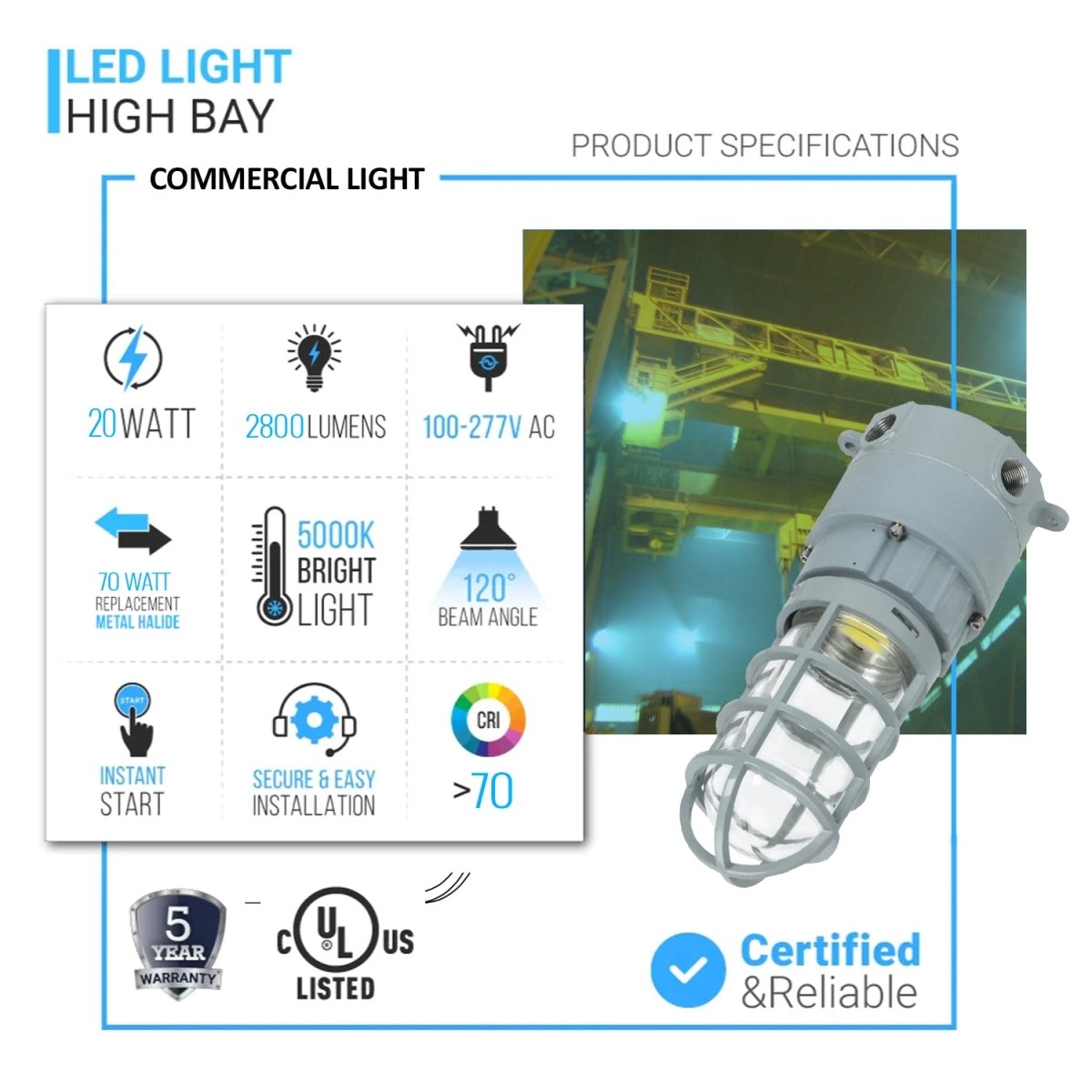 20 Watt LED Explosion Proof Jelly Jar Light, O Series, Non Dimmable, 5000K, 2800LM, AC100 - 277V, IP66 - LEDMyPlace