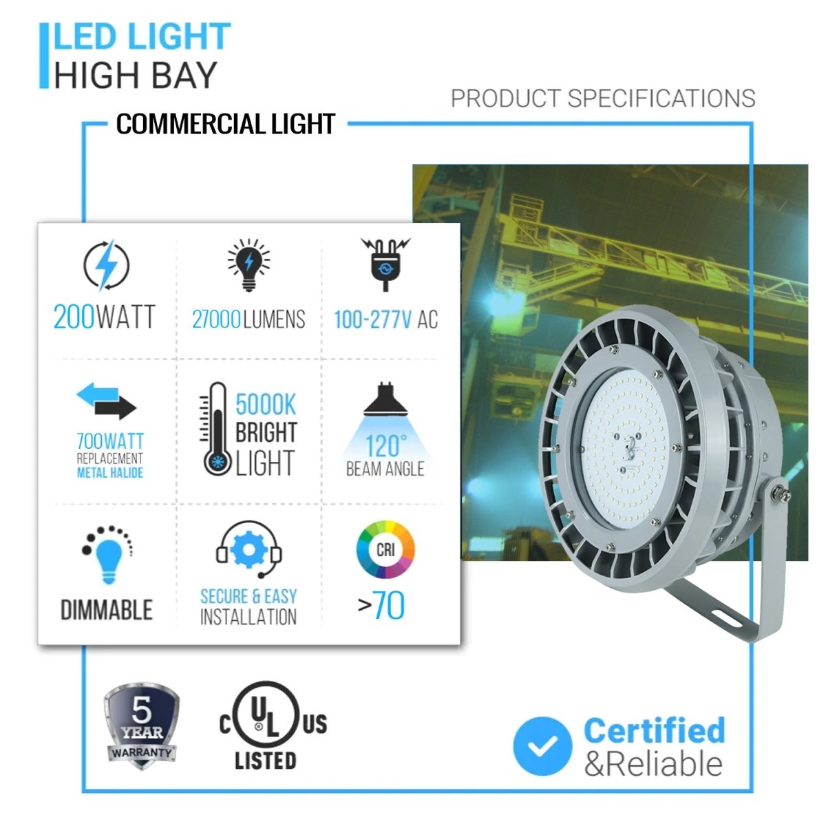 200 Watt LED Explosion Proof Round High Bay Light, B Series, Dimmable, 5000K, 27000LM, AC100 - 277V, IP66, Hazardous Location Lighting Fixtures - LEDMyPlace