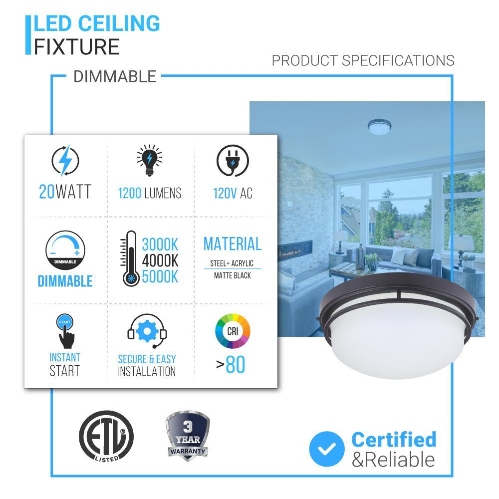 20W LED Flush Mount Ceiling Light, CCT Changeable (3000/4000/5000K), 1200LM, Hallway Light Fixtures, Dimmable, Matte Black, for Bedroom Kitchen Stairwell Entryway - LEDMyPlace