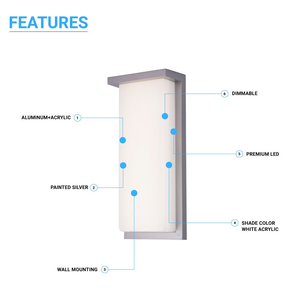 20W Modern LED Outdoor Wall Sconce Light 5000K 600LM White Acrylic Shade, 120 - 277V Non - Dimmable, ETL Listed, Wet Location, Painted Silver Finish - LEDMyPlace