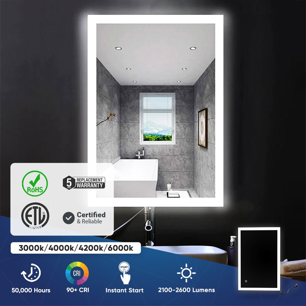 24 in. x 36 in. LED Lighted Bathroom Vanity Mirror, On/Off Touch Switch, CRI 90+, CCT Changeable With Remembrance, Anti - Fog Mirror, Wall Mounted Makeup Vanity Mirror, Window Style - LEDMyPlace