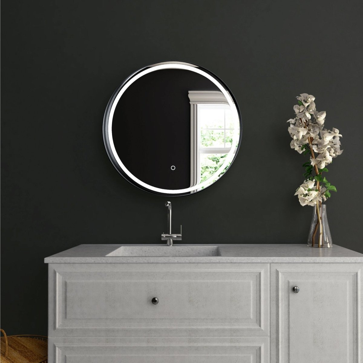 24 Inch Round LED Lighted Bathroom Vanity Mirror with Shelf, Touch Switch, Defogger and CCT Remembrance, CRI 90+, Raven Round Style - LEDMyPlace