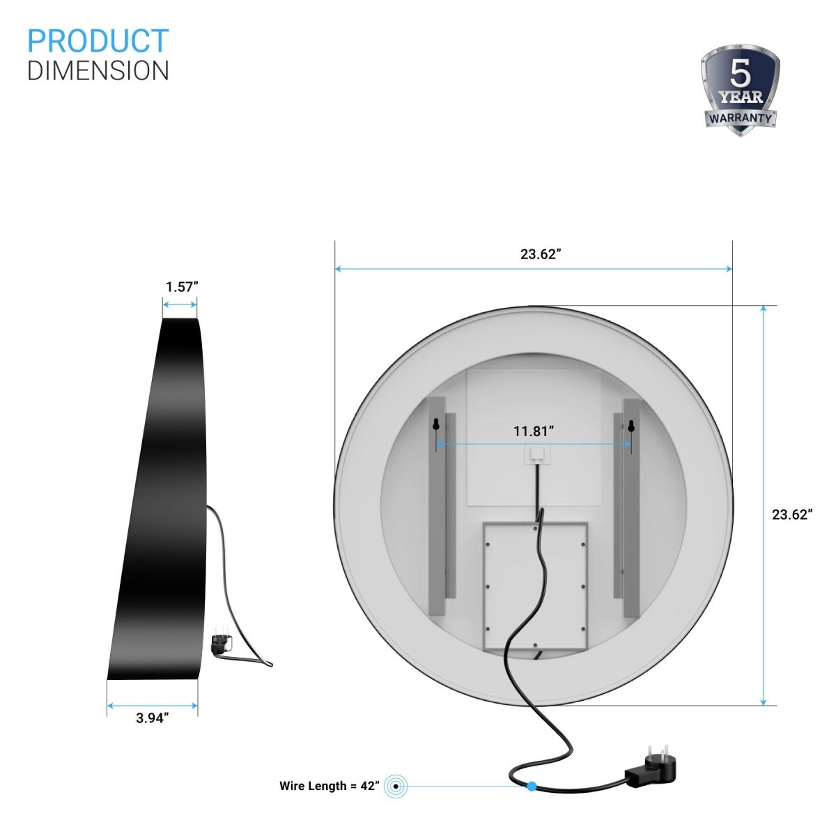 24 Inch Round LED Lighted Bathroom Vanity Mirror with Shelf, Touch Switch, Defogger and CCT Remembrance, CRI 90+, Raven Round Style - LEDMyPlace