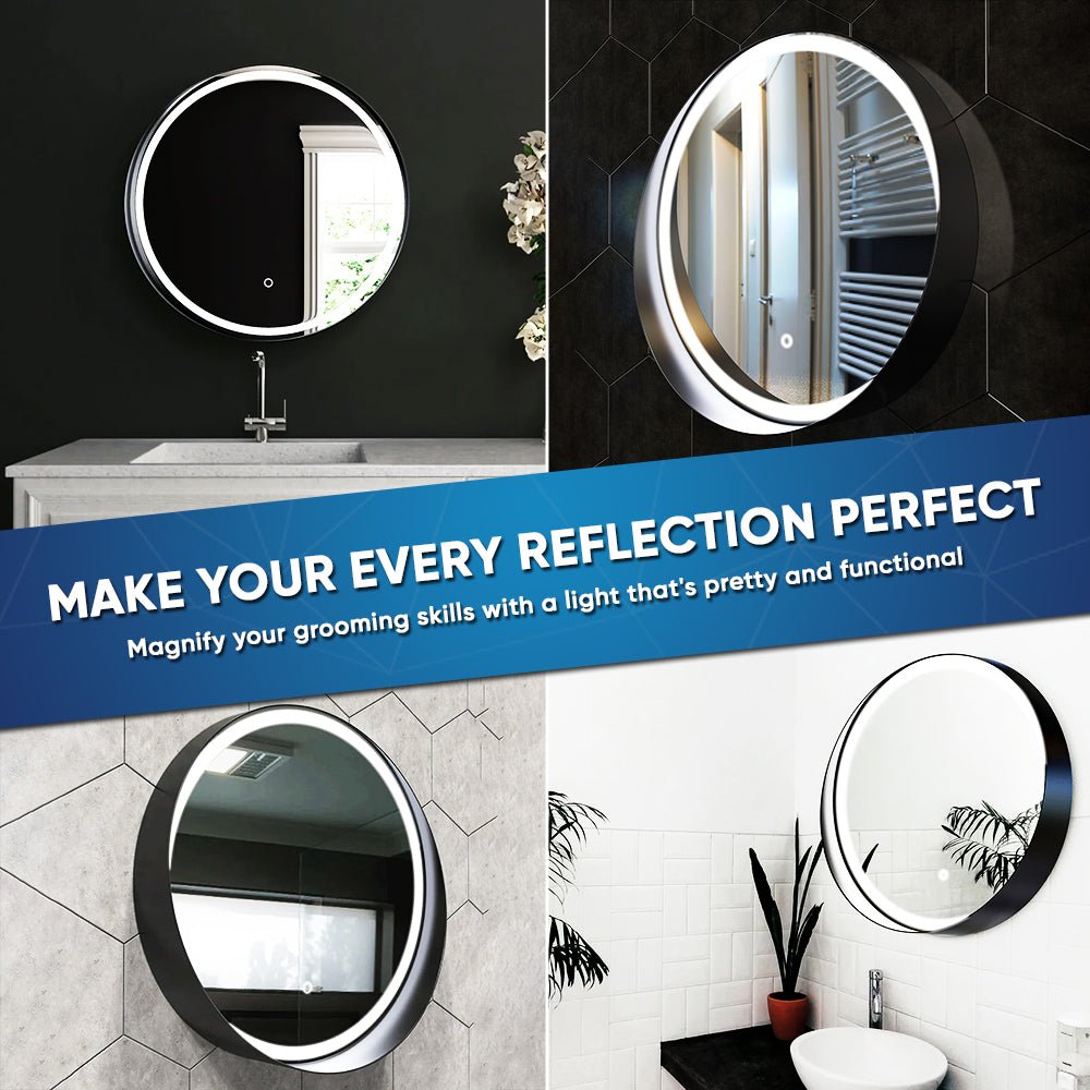 24 Inch Round LED Lighted Bathroom Vanity Mirror with Shelf, Touch Switch, Defogger and CCT Remembrance, CRI 90+, Raven Round Style - LEDMyPlace