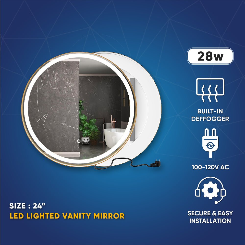 24 Inch Round LED Lighted Bathroom Vanity Mirror with Shelf, Touch Switch, Defogger and CCT Remembrance, CRI 90+, Raven Round Style - LEDMyPlace