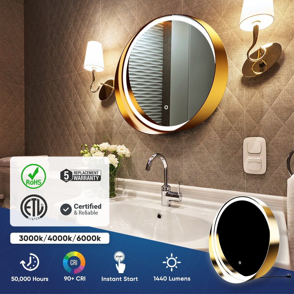 24 Inch Round LED Lighted Bathroom Vanity Mirror with Shelf, Touch Switch, Defogger and CCT Remembrance, CRI 90+, Raven Round Style - LEDMyPlace