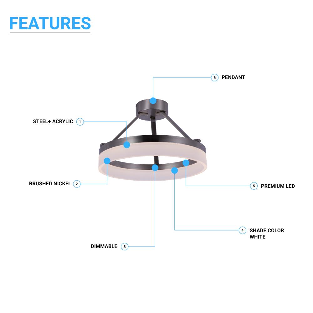 25W LED Ring Semi - Flushmount Light, 3000K (Warm White), Brushed Nickel Finish, 1450 Lumens, Triac Dimmable, ETL Listed - LEDMyPlace