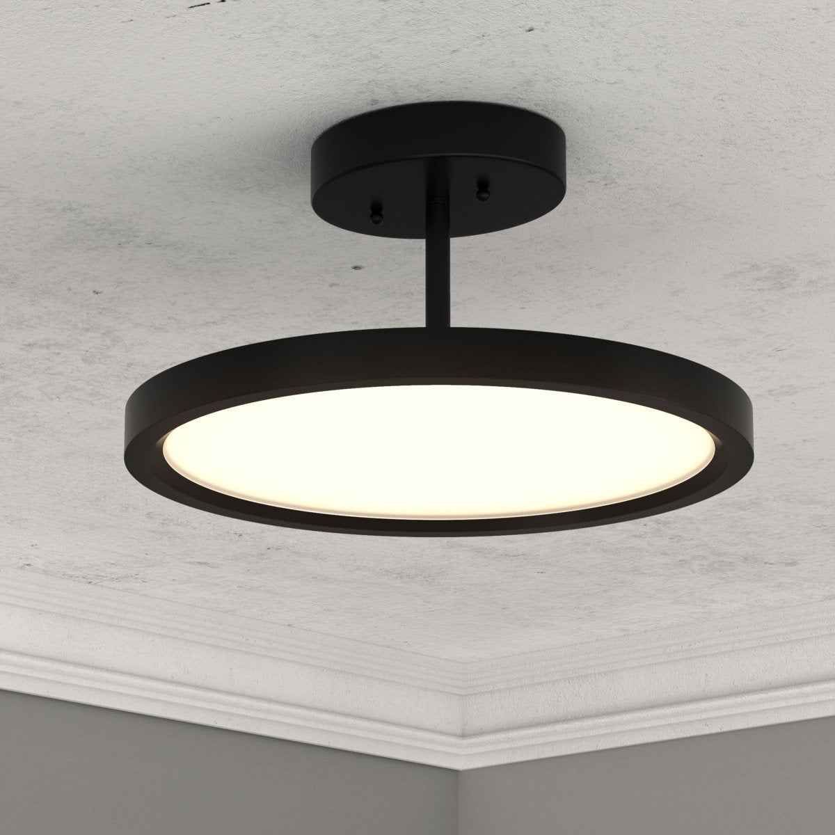 28W Round Shape LED Semi Flush Mount Ceiling Lights, Matte Black Finish with White Acrylic Shade, 1950LM, Dimmable - LEDMyPlace