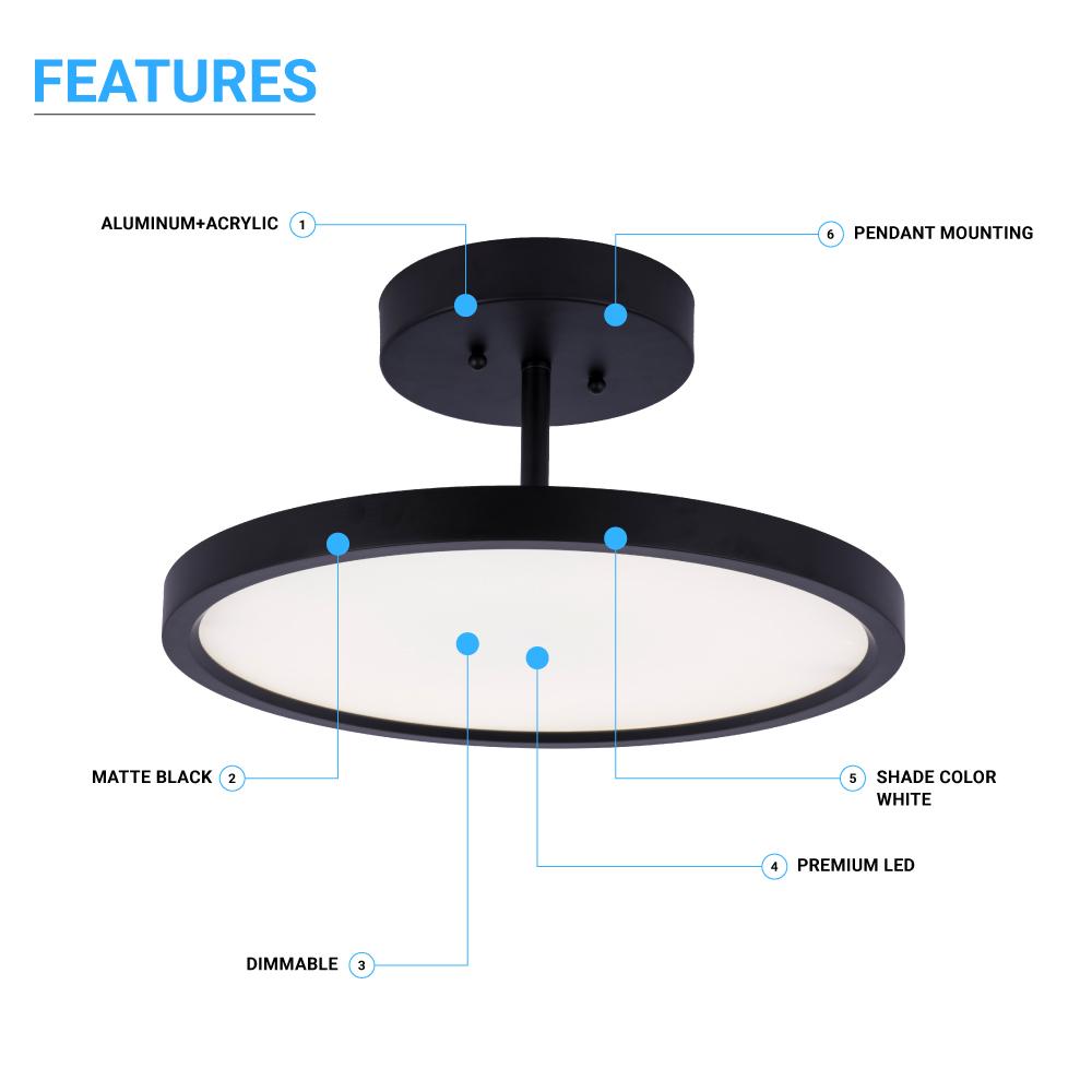 28W Round Shape LED Semi Flush Mount Ceiling Lights, Matte Black Finish with White Acrylic Shade, 1950LM, Dimmable - LEDMyPlace