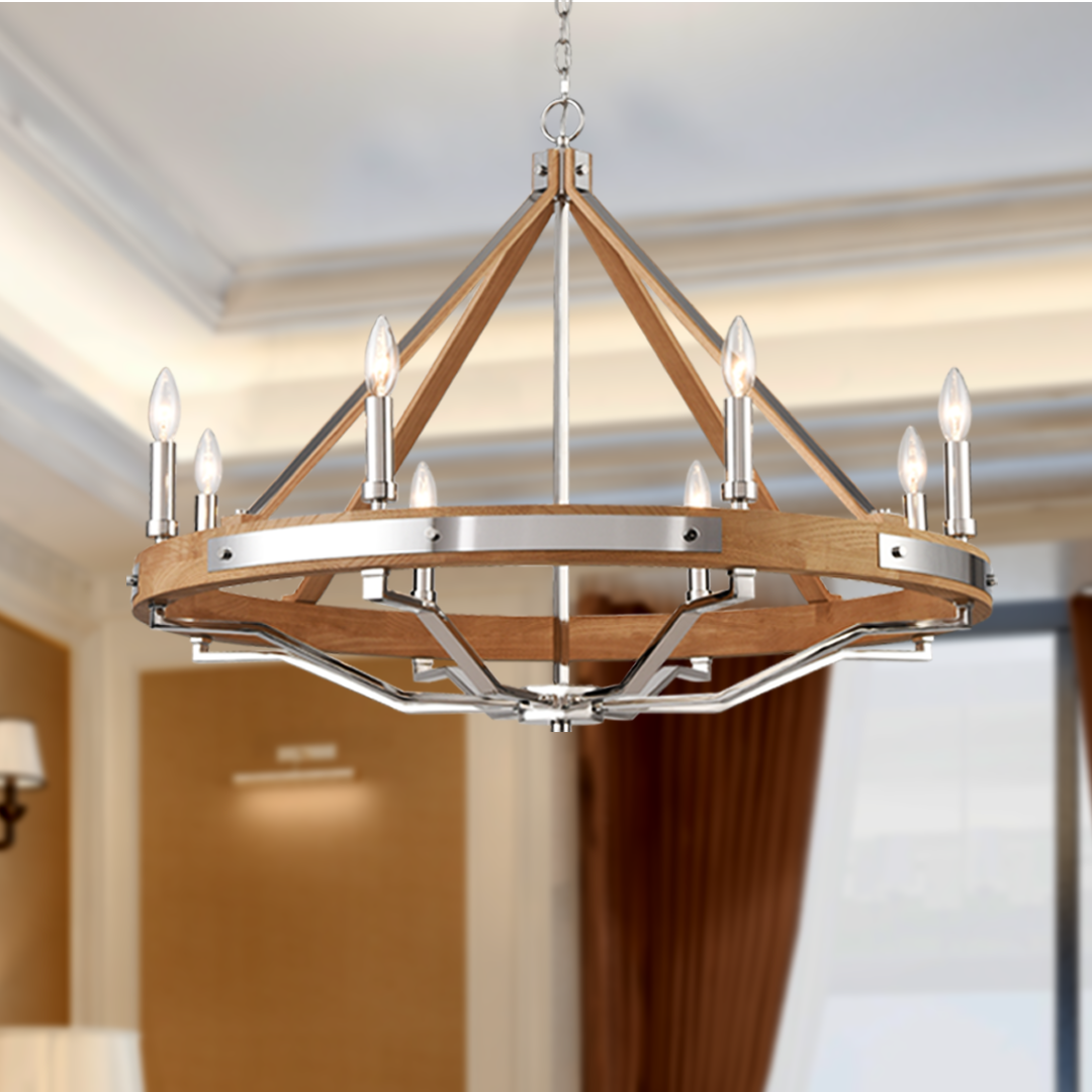 8-Light Farmhouse Chandelier Diam 34'', E12 Base, Polished Nickel Finish Hardware with Nature Solid Ashwood