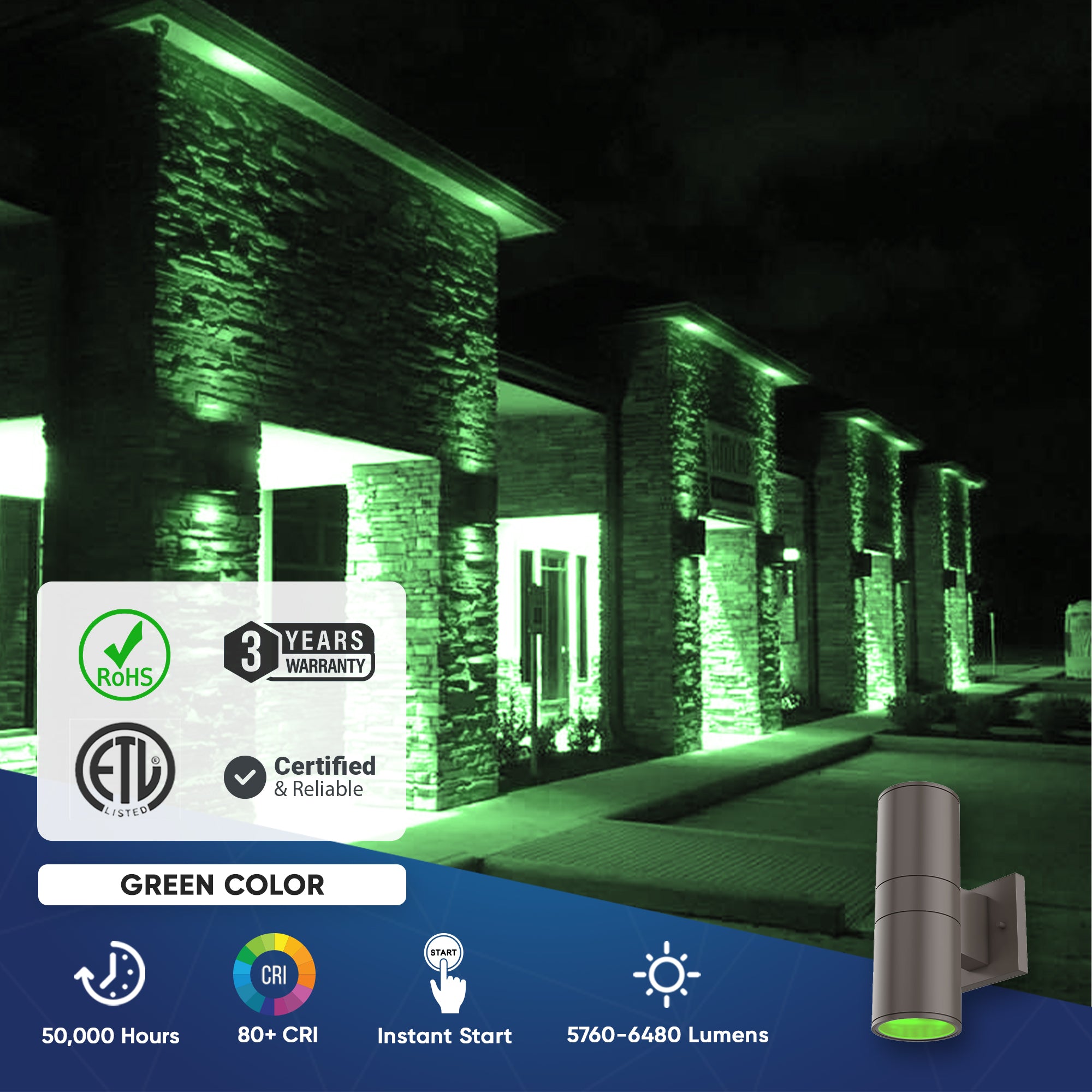 LED Up & Down Lights Outdoor Wall Light, Cylinder Outdoor Sconces, 2x36W, AC100- 277V, Double Side Light (Avail Color - Red, Green, Blue)