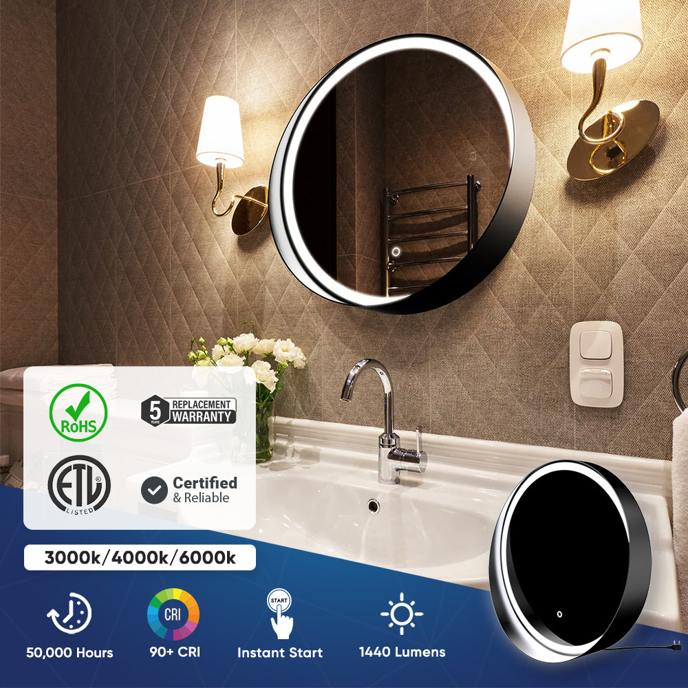 24 Inch Round LED Lighted Bathroom Vanity Mirror with Shelf, Touch Switch, Defogger and CCT Remembrance, CRI 90+, Raven Round Style