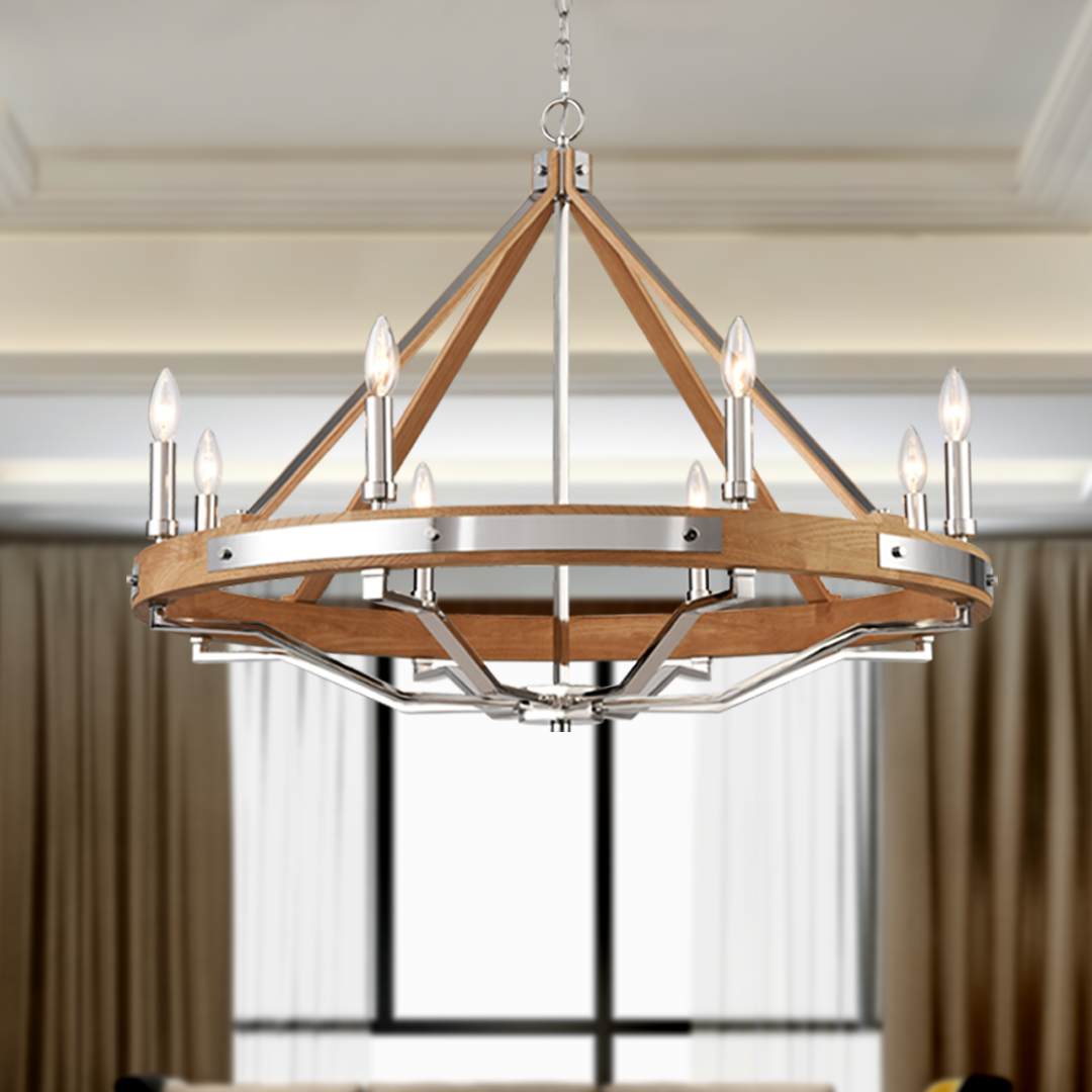 8-Light Farmhouse Chandelier Diam 34'', E12 Base, Polished Nickel Finish Hardware with Nature Solid Ashwood