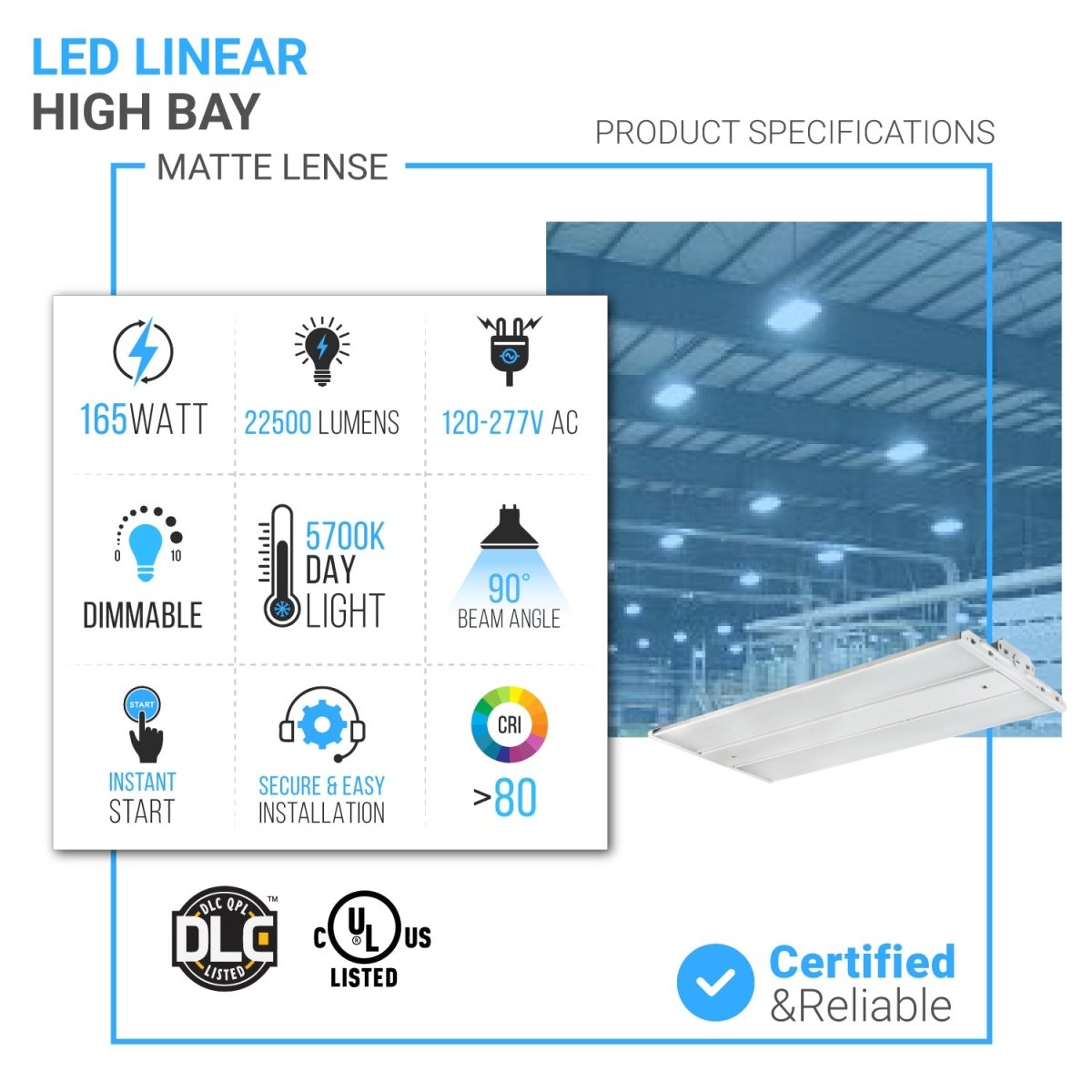 2FT LED Linear High Bay Light, 165W, 5700K, 22500LM, 120 - 277VAC, Linear Hanging Light For Warehouse, Factory, and Workshop - LEDMyPlace