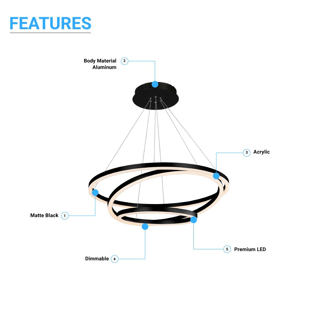 3 - Ring LED Light Circular Chandelier, 102W, 3000K, 4335LM, Matte Black Body Finish, Dimmable, Pendant Mounting - LEDMyPlace