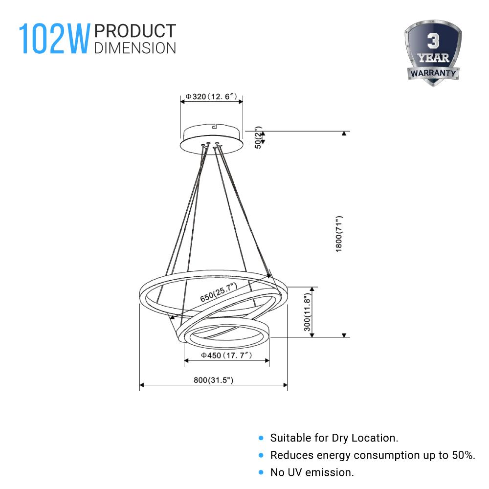 3 - Ring LED Light Circular Chandelier, 102W, 3000K, 4335LM, Matte Black Body Finish, Dimmable, Pendant Mounting - LEDMyPlace